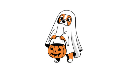 Adorable beagle puppy dressed as a ghost for trick or treating holding a jack o lantern candy bucket