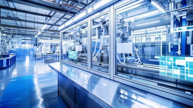 Modern industrial facility with automated machines and glass enclosures under bright lighting, representing advanced manufacturing technology

