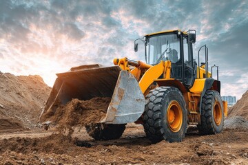 Heavy front loader transporting dirt at a construction site during sunset with dramatic skies
