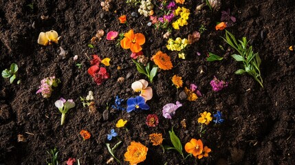 Aerial view of colorful flower blossoms and green leaves scattered on dark brown soil background outdoors