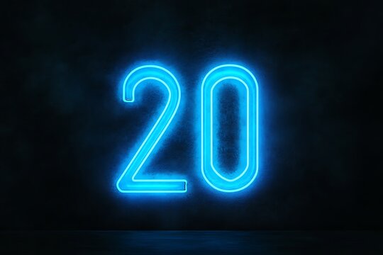 The number 20 is written in glowing blue neon light on a black background