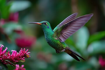 Fototapeta premium Colorful pink blooming hummingbird feeding on flowers in a lush wooded environment during a sunny day