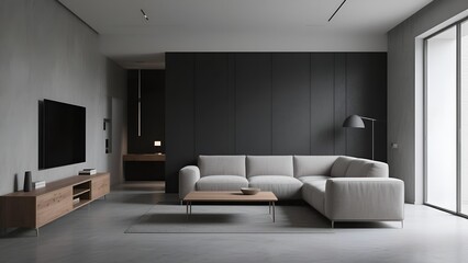Modern Minimalist Living Room with Dark Walls and Contemporary Furniture