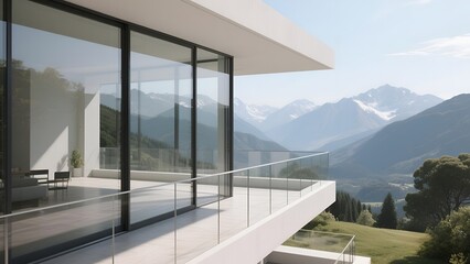 Fototapeta premium Modern Luxury House with Glass Balcony and Mountain View