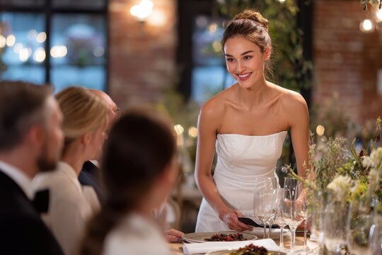 Wedding planner banquet manager discussing table arrangements with guests at an elegant reception setting during a late afternoon event in a beautifully decorated venue