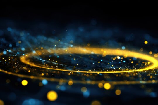 Colorful technology network design featuring swirling dots and lines on a vivid blue background creating a dynamic digital environment