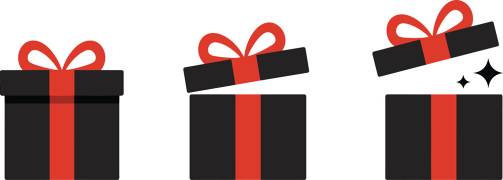 Three black gift boxes with red ribbons one closed two open present opening