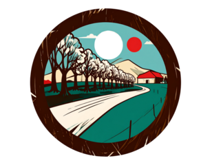 Winding country road, pastoral landscape, woodcut style, rural scene, design element, 