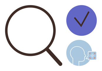 Magnifying glass signifies search, blue checkmark indicates verification, and profile with speech bubble conveys voice recognition. Ideal for research, validation, technology, communication, AI, user