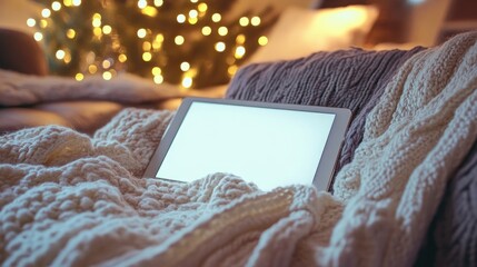 A white tablet rests on a cozy cream knit blanket draped over a brown leather couch, with a softly lit Christmas tree in the background