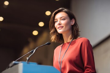 Female expert addresses audience from podium during a conference focusing on innovation and technology in a well-lit auditorium setting
