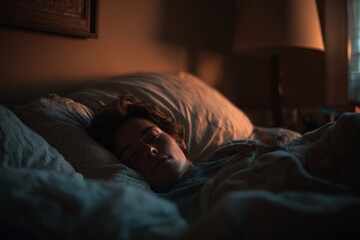 Person sleeps soundly in a cozy bed during the night, surrounded by soft pillows and warm blankets in a tranquil bedroom setting