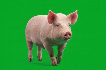 Fototapeta premium Realistic pink pig walking on a vibrant green screen background showcasing its natural features and playful demeanor in a studio setting