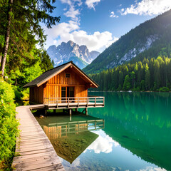 Naklejka premium Lake cabin mountain retreat