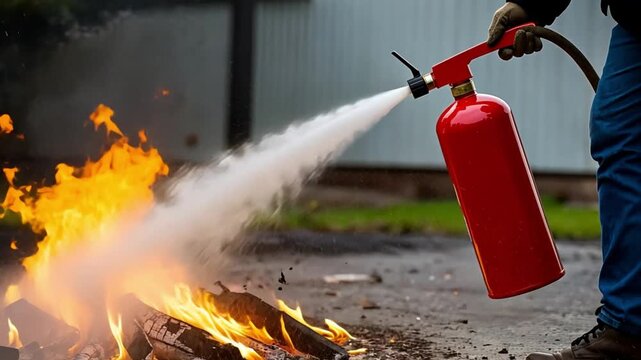 Firefighter actively extinguishing flames with a fire extinguisher during a vital training exercise focused on emergency response skills