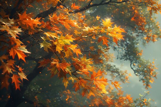 Vibrant autumn maple leaves glowing in soft sunlight with a misty background - Powered by Adobe
