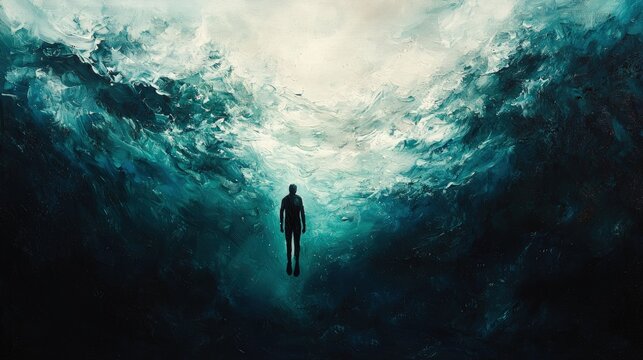 A person floats in a deep, turbulent sea.