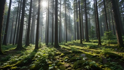 Obraz premium Sunlight streams through tall trees in a dense forest