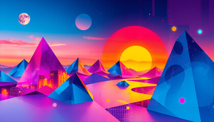Vibrant cyberpunk cityscape with neon pyramids under a surreal sunset and moonlit sky