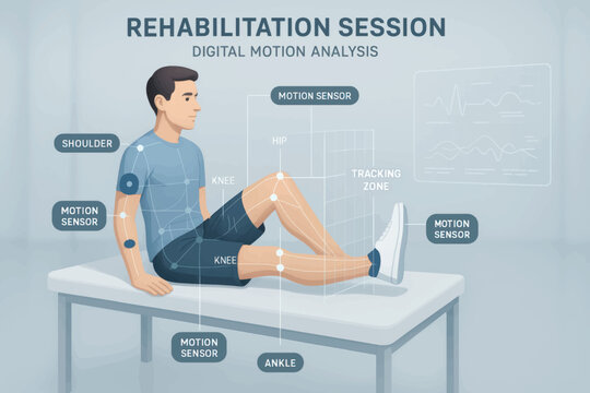 Vector illustration of digital rehabilitation session using motion sensors on body joints for movement tracking and analysis in physical therapy context.