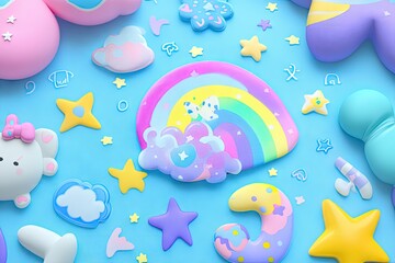Fototapeta premium Pastel-colored 3D shapes, rainbow, stars, clouds, and moons on a light blue background
