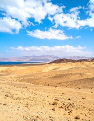 Desert landscape, mountains, and lake