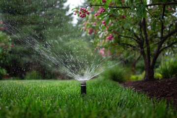 Garden sprinkler watering lush green grass