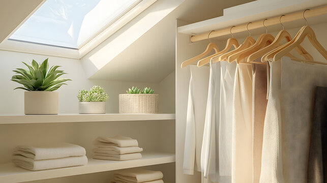Attic Closet with Skylight, Shelves, and Hanging Clothes - Powered by Adobe