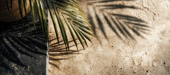 Palm leaf shadow on light beige textured surface
