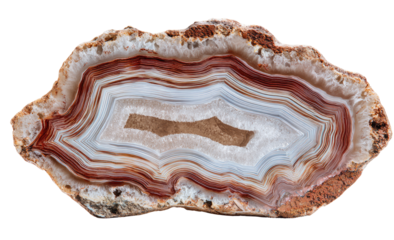 Close-up of a banded agate slice.  Irregular, wavy layers of  reddish-brown, white, and beige.  Natural,  polished surface