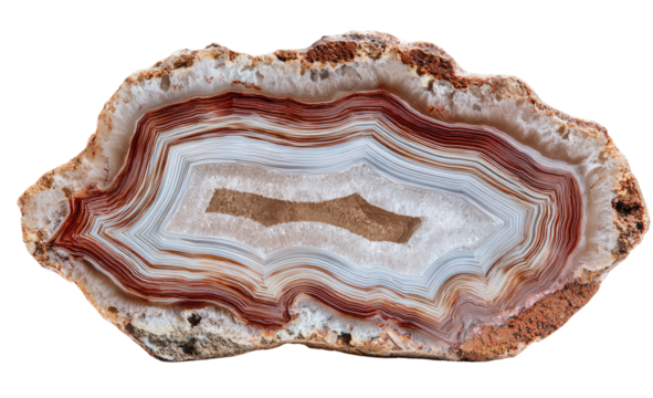 Close-up of a banded agate slice.  Irregular, wavy layers of  reddish-brown, white, and beige.  Natural,  polished surface