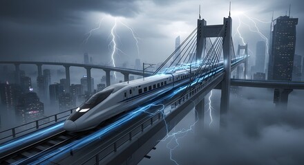 Fototapeta premium White bullet train speeds across suspension bridge during lightning storm over misty city high-speed train