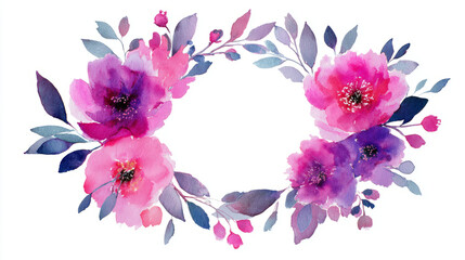 Bright pink and purple peony wreath in watercolor, round shape, empty copy space