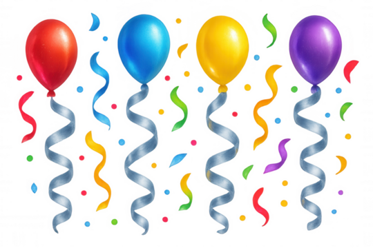 Colorful balloons floating with ribbons and confetti on a transparent background, creating a festive atmosphere