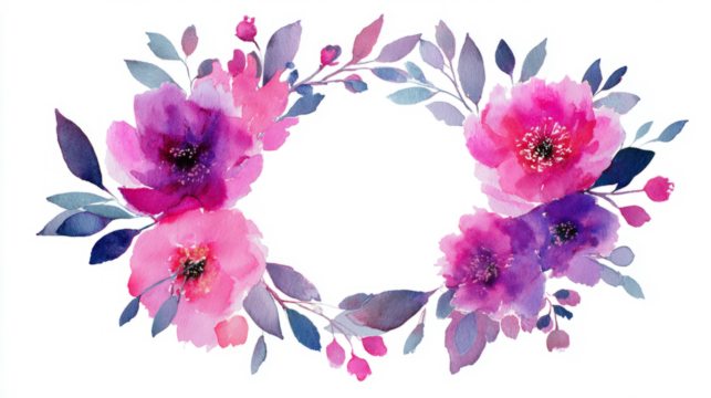Bright pink and purple peony wreath in watercolor, round shape, empty copy space