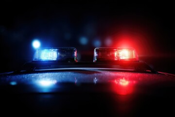 Bright red and blue emergency police car lights illuminate the night while responding to an urgent situation in a city environment