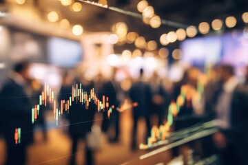 Out of focus investment forum featuring discussions on market trends and financial strategies in a vibrant networking atmosphere