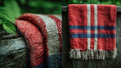 Two handwoven blankets, red and cream with navy stripes, displayed outdoors