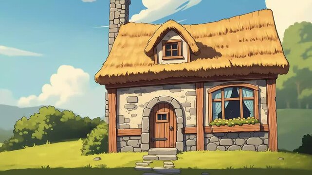 A charming cartoon illustration of a rustic stone cottage with a thatched roof nestled on a green hillside under a bright blue sky.