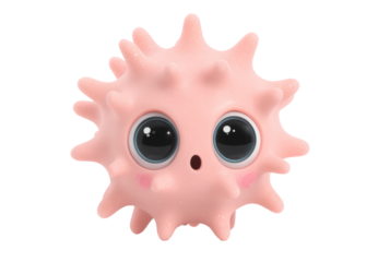 pink virus-like cartoon characters with fuzzy textures and large expressive eyes on clean backgrounds