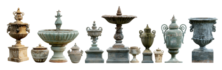 Ornate garden urns and fountains displayed on dark background.