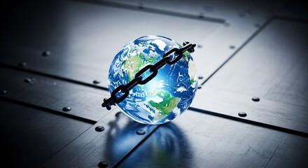 World globe constrained by a heavy chain symbolizing environmental challenges and limitations