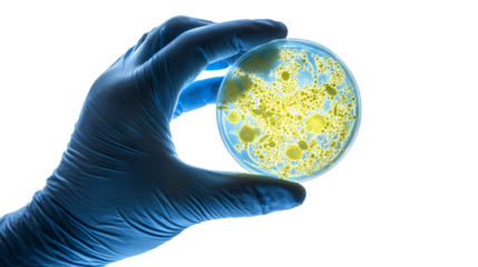 Gloved hand holding a petri dish with bacteria colonies