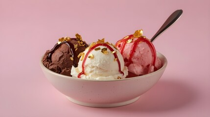 Three ice cream scoops with spoon in pink bowl on transparent background