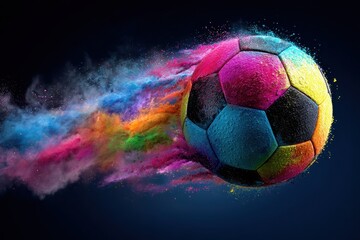 Naklejka premium Dynamic soccer ball explodes with vibrant colors as it moves through the air during an exciting match at a city park at noon
