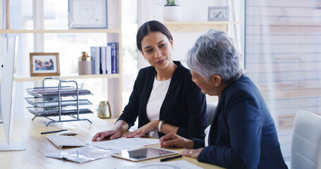 Elderly woman, lawyer and document in office for planning, debt settlement and legal guidance....