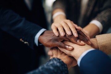 Obraz premium Business professionals collaborate to achieve success by joining hands in a team-building activity during a corporate meeting in a modern office setting