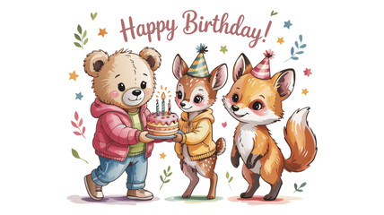 Fototapeta premium Adorable Cartoon Animals Celebrating Birthday with Cake, Bear, Deer, and Fox in Festive Hats