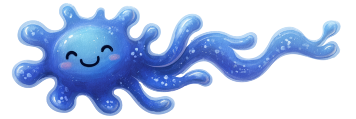 Kawaii blue microbe with smiley face and tentacle-like extensions