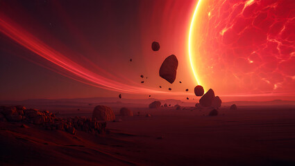 Alien planet landscape with floating rocks and glowing red sun space nebula